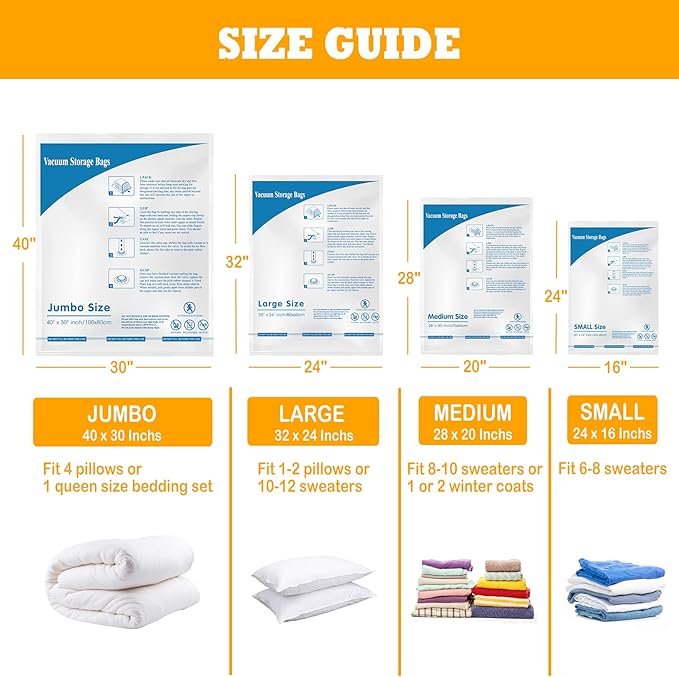MEIQIHOME Vacuum Storage Bags, Space Saver Sealer Bags,Vacuum seal bags for clothing, Pillows, Comforters, Blankets, Bedding,Travel,8 COMBO