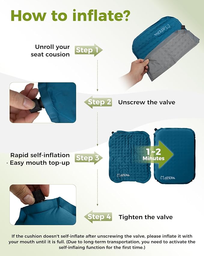 ATEPA Inflatable Seat Cushion, Self-Inflating Portable Stadium Airplane Travel Foam Cushion Pad for Camping, Sports Events, Outdoor