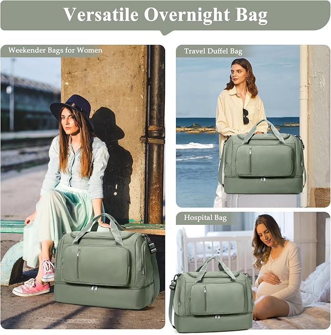 Travel Duffle Bag, Weekender Bags for Women,Overnight Weekend Carry On Personal Item Travel Bag with Shoes Compartment & Toiletry Bag,Olive Green