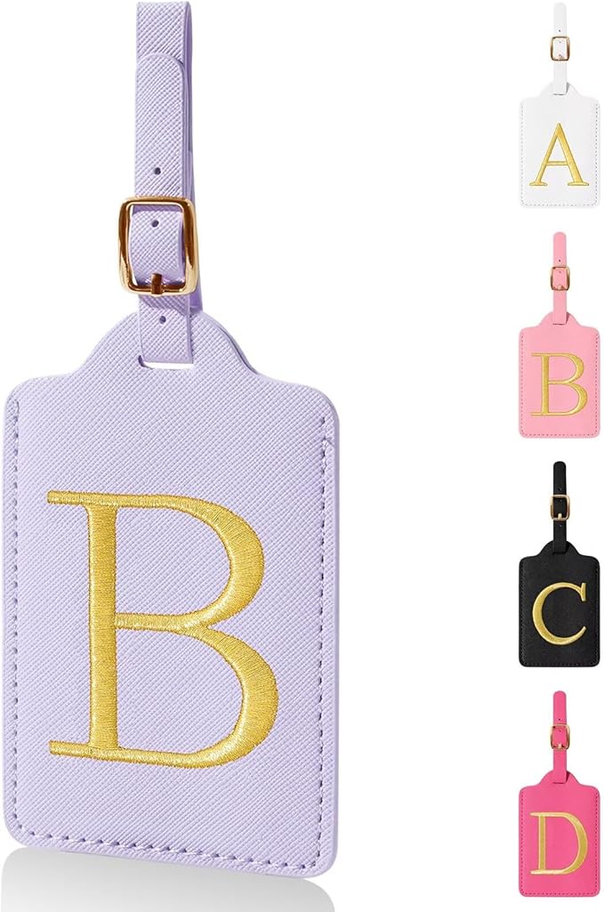 Personalized Initial Luggage Tags for Suitcases,Leather Letter Cute Luggage Tags with Privacy Name Card,Embroidered Monogrammed Travel Bag Backpack Tag Gifts for Women Kids Girls Teens(Purple-B)