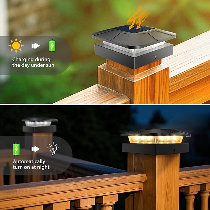 4x4 Solar Post Cap Lights Outdoor with 3 Modes | LED Post Light Solar Powered fit 4×4/3.5×3.5 Wood/Vinyl Posts, Waterproof Fence Posts Lights for Deck Railing Mailbox