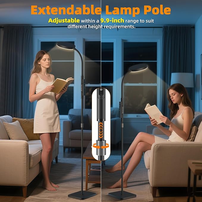 PACOVY Floor Lamp, Adjustable Height Floor Lamps for Living Room Bedroom, 120 LED Super Bright Standing Lamp Remote & Touch Control Dimmable Gooseneck Tall Stand Reading Lamp for Office Craft, Black