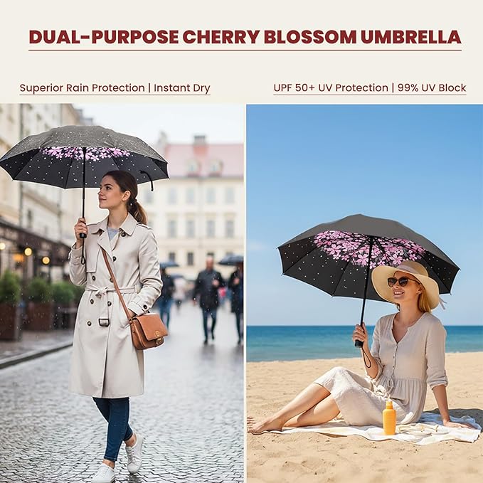 SIEPASA Compact Travel Umbrella - Windproof Auto Open/Close, Lightweight Folding Umbrella wIth Fiberglass Frame & Waterproof Canopy. Fits Backpack/Purse. (Pink Cherry Blossom)