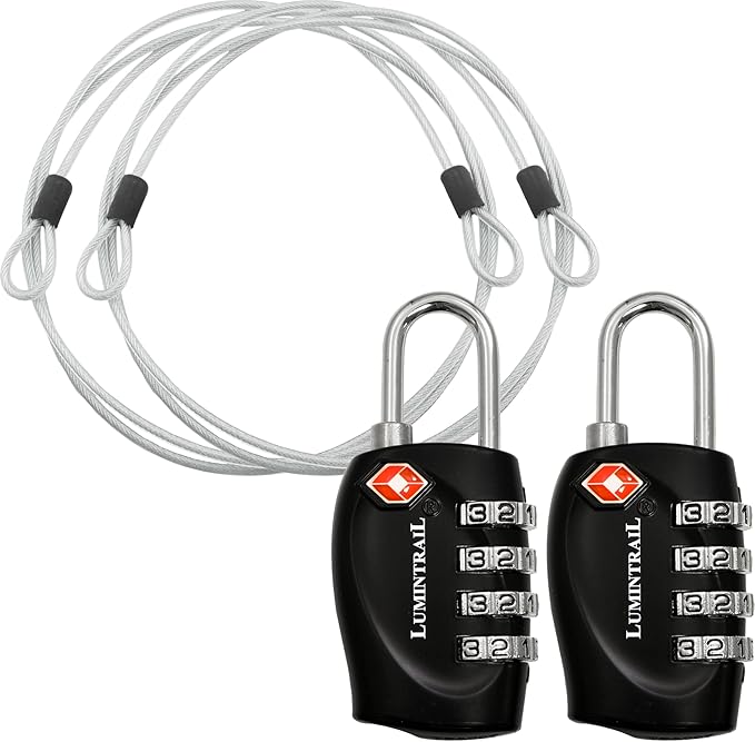 Lumintrail TSA Approved Locks, 4 Digit Combination Luggage Locks TSA Approved, Travel Locks for Luggage & Suitcase with 4-FT Steel Cable, Black, 2 Pack