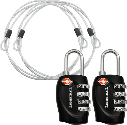 Lumintrail TSA Approved Locks, 4 Digit Combination Luggage Locks TSA Approved, Travel Locks for Luggage & Suitcase with 4-FT Steel Cable, Black, 2 Pack