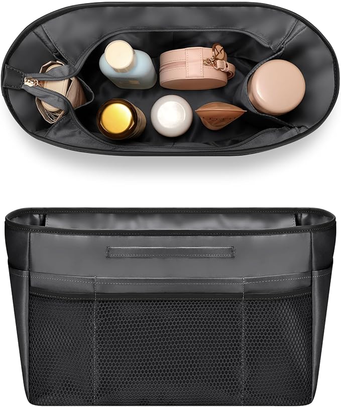 GIVLEFLY Small Purse & Handbag Organizer Insert with Zipper, Multiple Pockets and Handle, Lightweight Bag Divider,Dark Grey