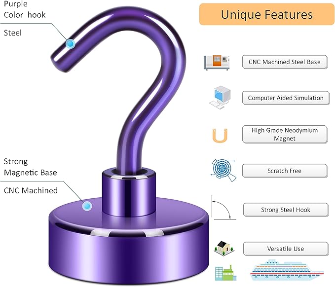 Neosmuk Magnetic Hooks,Heavy Duty Earth Magnets with Hook for Refrigerator, Extra Strong Cruise Hook for Hanging, Magnetic Hanger for Cabins, Grill (Purple, 6 Pack)