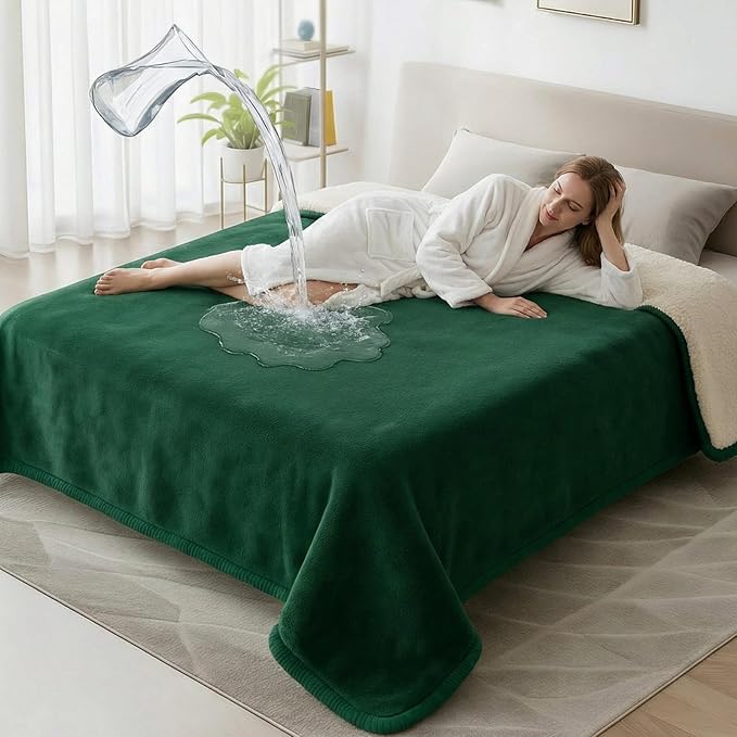 Waterproof Gray Blanket for Dog Cat Puppy, 80'' x 80'' Double Side Leakproof Reversible Double Side Sherpa Flannel Fleece 3 Layer Lightweight Blanket, Absorb 70oz(GreenWhite), Machine Washable
