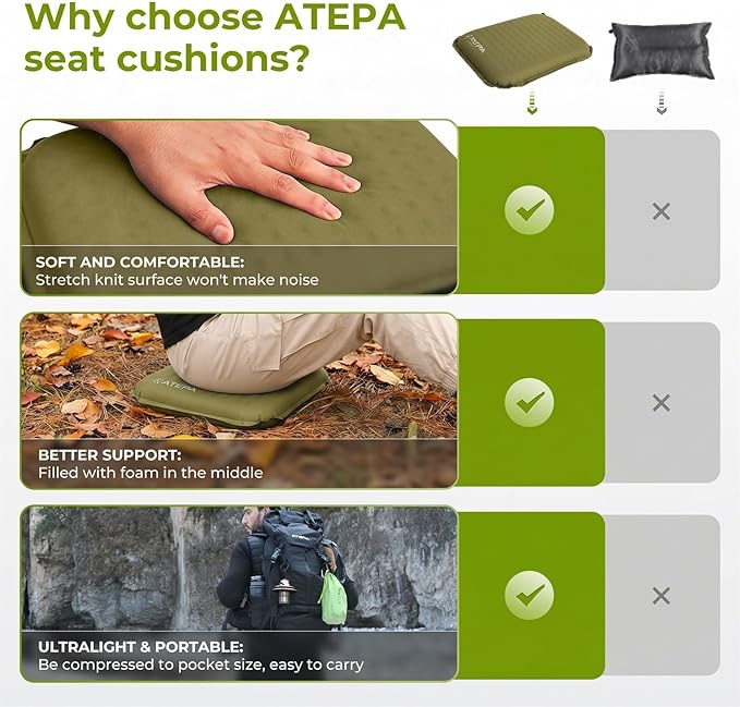 ATEPA Inflatable Seat Cushion, Self-Inflating Portable Stadium Airplane Travel Foam Cushion Pad for Camping, Sports Events, Outdoor