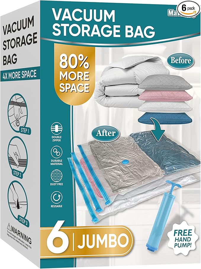 MattEasy Space Saver Vacuum Storage Bags, 6 Pack Jumbo Space Saver Bags with Pump, Storage Vacuum Sealed Bags for Clothes, Comforters, Blankets, Bedding (Jumbo)