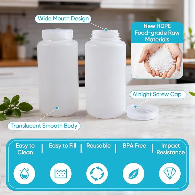 DEMORA 32 oz Plastic Bottles with Lids, Airtight Refillable Wide Mouth Travel Bottles for Toiletries, HDPE Food Grade Plastic Containers for Liquids Pill Water Sample Lab Reagent (Translucent, 2 Pcs)