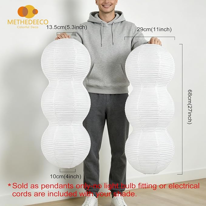 2 Pack Paper Hanging Lamp Shades, 27 Inch White | Foldable Pendant Lamp Shades, 3 Tier Handmade Rice Paper Lantern, For Japandi Boho Minimalist