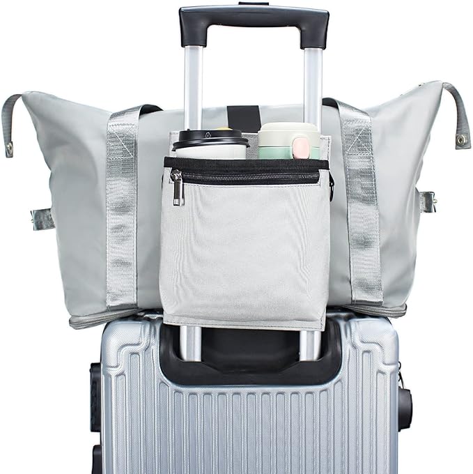 Bokelai Luggage Travel Cup Holder with Luggage Straps Free Hand Drink Caddy Beverage Holder Travel Accessories Flight Attendants Businessmen Travelers Fits Roll on Suitcase Handles Light Grey