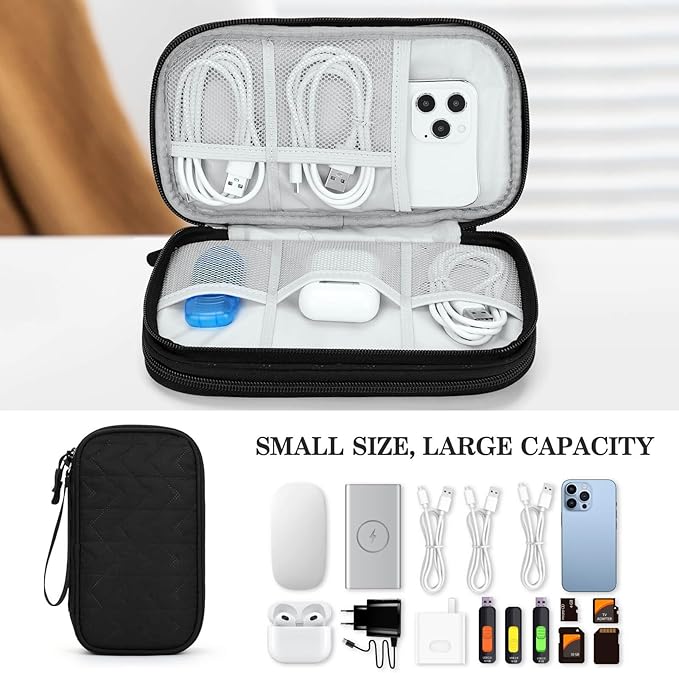 FYY Electronic Organizer, Travel Cable Organizer Bag Pouch Electronic Accessories Carry Case Portable Waterproof Double Layers All-in-One Storage Bag for Cable, Cord, Charger, Phone, Pattern Black (M)