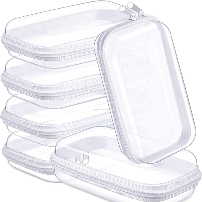 Sanwuta 6 Pcs Clear Hard Zipper Case Plastic Zipper Pouches Transparent Makeup Bag Pencil Case Pouches Toiletry Diaper Bag for Travel Toy Storage Organizer Bins(White,7.48 x 3.94 x 2 Inch)