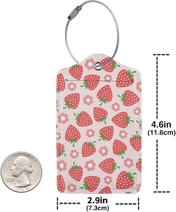 2 Pack Luggage Tags for suitcases Pink Strawberry Fruit TSA Approved Label Luggage Tag Baggage Tag Leather Stainless Steel Loop Label Tag for Men Women Travel Bag Suitcase
