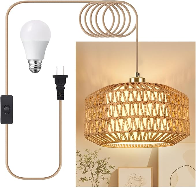 Plug in Pendant Light, Rattan Hanging Lights with Plug in Cord | Rattan Woven and Fabric 2 in 1 LampShade, Hanging Lamp Plug in for Bedroom Living Room Kitchen Island (Bulb Included)