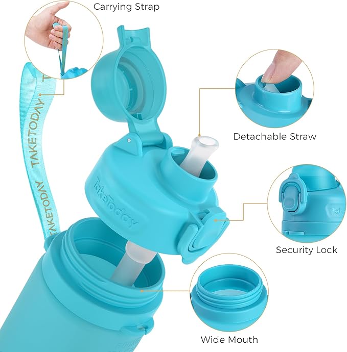 TakeToday Collapsible Water Bottles 21oz (600mL), Foldable Platinum Silicone Travel Water Bottle with Straw & Carry Strap, Leak-Resistant Screw Lid, Wide Mouth, BPA-Free for Hiking, Camping, Travel