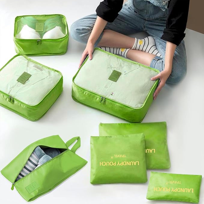 7 Set Packing Cubes for Travel Luggage Packing Bags Reusable Waterproof Suitcase Organizer Bags Set with Shoe Bag and Toiletry Bag (Green)