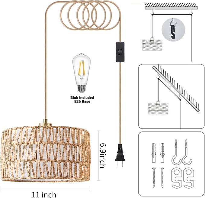 Plug in Pendant Light Rattan Hanging Lights with Plug in Cord | Woven & Fabric 2 in 1 LampShade, Hanging Lamp Plug in for Bedroom Living Room Kitchen Island (Bulb Included)