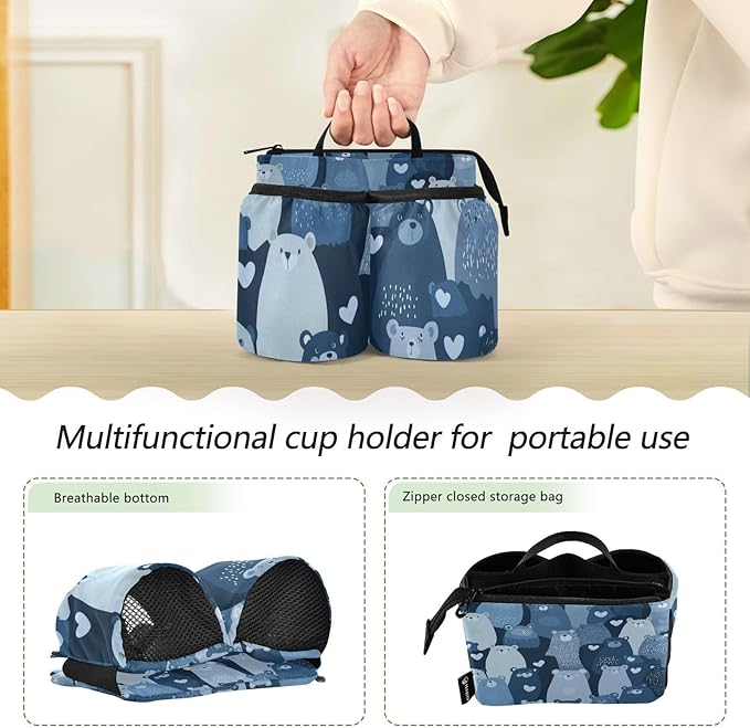 Luggage Cup Holder for Suitcases Free Hands Travel Cup Holder Portable Suitcase Cup Drink Holder Luggage Cup Caddy Bag Carrier Blue Bears and Hearts