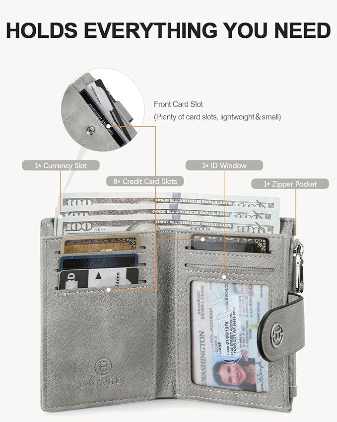 BOSTANTEN Small Wallet for Women Leather RFID Blocking Card Holder Bifold Compact Wallets With Zipper Coin Pocket Grey