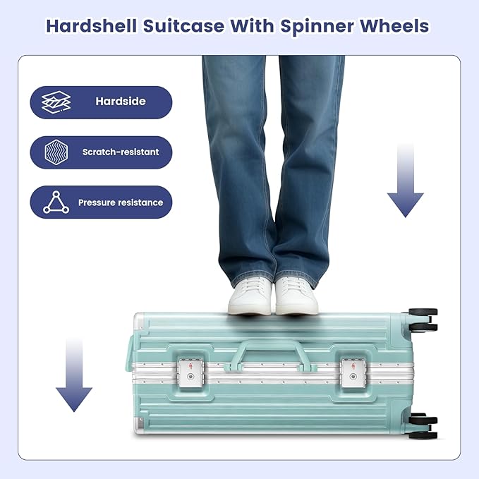 20 Inch Carry On Suitcase, Aluminum Frame Zipperless Hard Shell Luggage with Spinner Wheels, TSA Lock, USB Charging Port, Phone Holder, Cup Holder for Business Travel and Trips, Mint Green