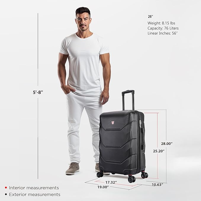 DUKAP ZONIX Luggage with Spinner Wheels | Durable Lightweight Hardside Suitcase, Spacious Travel Bag with Handle and Trolley | 26 Inch Medium Checked Luggage | Black