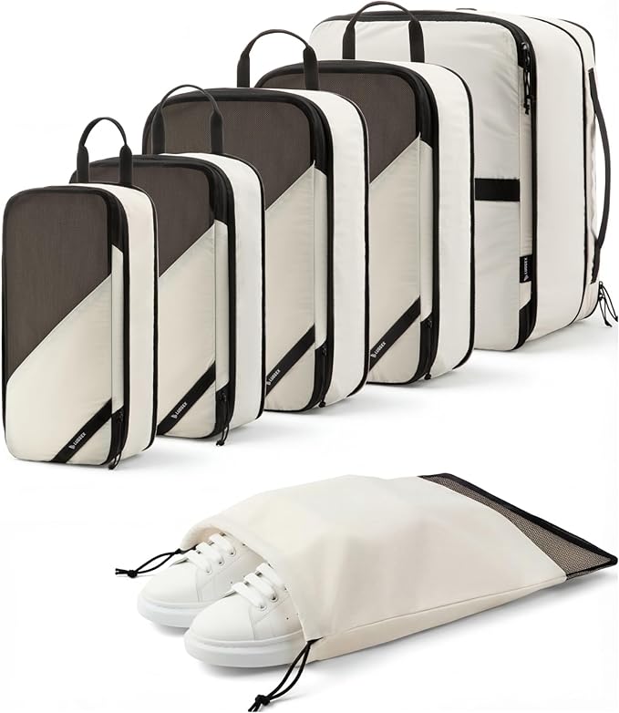 LUGGEX Packing Cubes for Travel, POX01 Luggage Organizers Bags, Suitcase Organizer with Shoe Bag, 6 Set Travel Cubes for Packing (POX-Core, Beige)