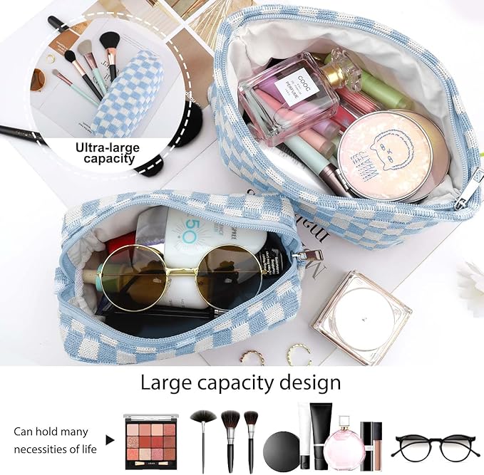 EIMMBD Makeup Bag 3 Pieces Large Capacity Checkered Cosmetic Bags Travel Toiletry Bag Organizer Cute Makeup Pouch Storage for Women(Blue)