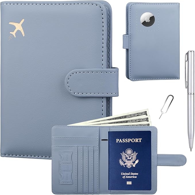GOAUS Passport Holder for Travel with AirTag Slot Cards Cash Pocket, Faux Leather Travle Wallet Gifts for Women Men RFID Blocking Book Case Blue, AirTag Not Included