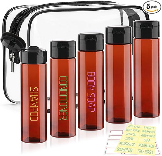 Cosywell 5 Pack 3.4oz Travel Bottles for Toiletries Pre-Printed Travel Shampoo Bottles TSA Approved Toiletry Wide Mouth Leak Proof Squeeze Bottle for Lotion Toothpaste Cream(Brown)