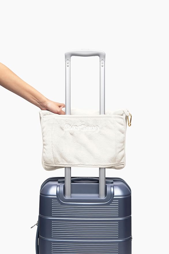 EverSnug Travel Blanket and Pillow - Ultra-Soft, Compact & Lightweight, 65x40 Inches, with Carry Case, Luggage Sleeve & Backpack Clip for Airplane Comfort (Off-White)