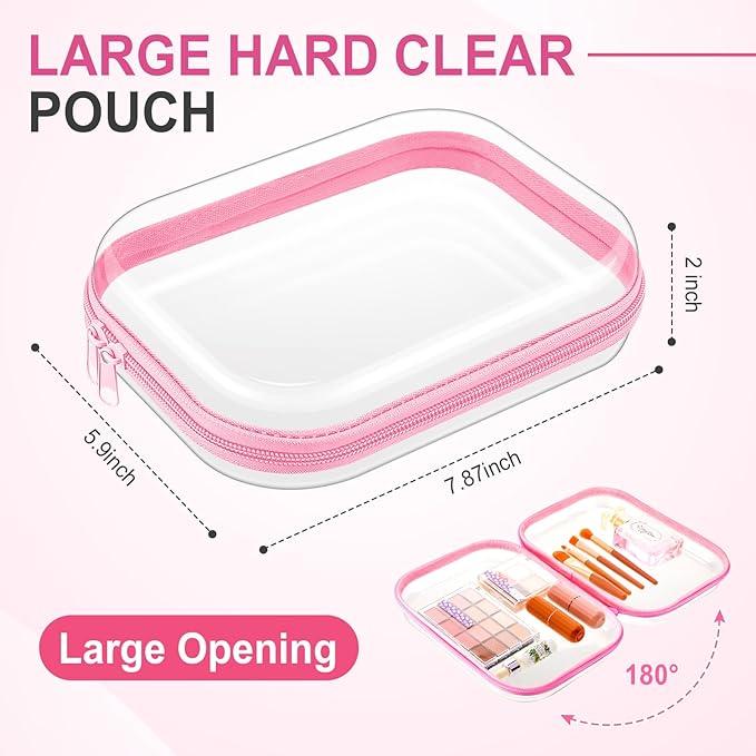 Sanwuta 6 Pcs Clear Hard Zipper Case Plastic Zipper Pouches Transparent Makeup Bag Pencil Case Pouches Toiletry Diaper Bag for Travel Toy Storage Organizer Bins(Pink,7.87 x 5.9 x 2 Inch)