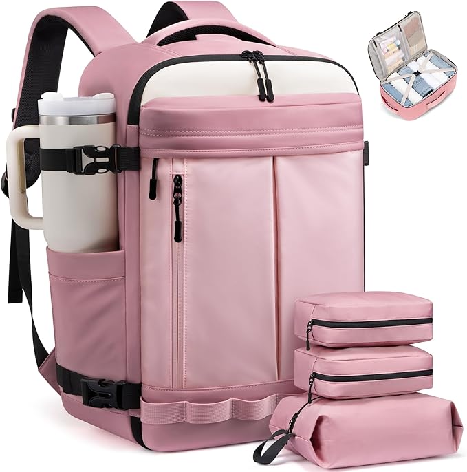 LOVEVOOK 50L Travel Backpack for Women, Airline Approved Carry On Luggage with 3 Cubes Accessories, TSA Personal Item Travel Cruise Essentials, Waterproof Weekender Overnight Bags fits 17" Laptop