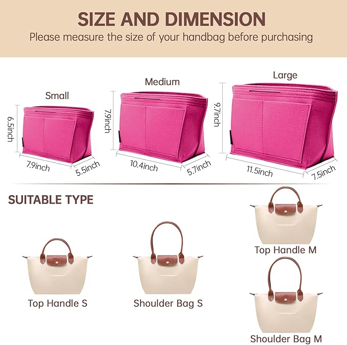 OPPOSHE Purse Organizer Insert for Longchamp Le Pliage, Premium Felt Long Champ Bag Handbag Women, Tote Organizer Insert with 9 Compartments (Medium, Rosy)
