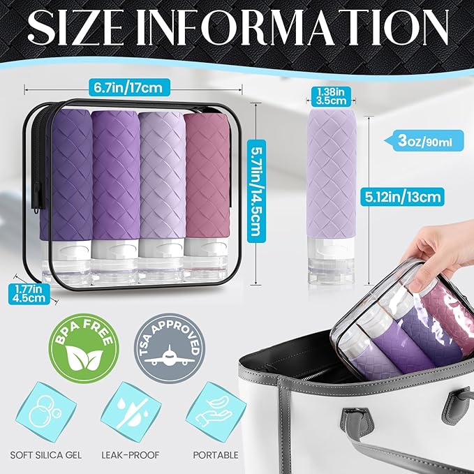 Travel Bottles for Toiletries, TSA Approved Silicone Travel Size Containers for Toiletries, BPA Free Leak Proof Refillable Essentials Accessories, Shampoo and Conditioner Bottles (Purple)
