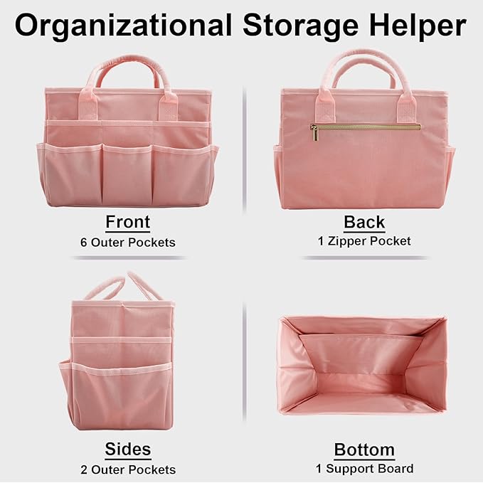 Cupohus Art Organizer Craft Storage Tote Bag with Pockets and Handles, Oxford Fabric Carrying Caddy for Teacher, Officer, Artist, Traveler, and more –Pink