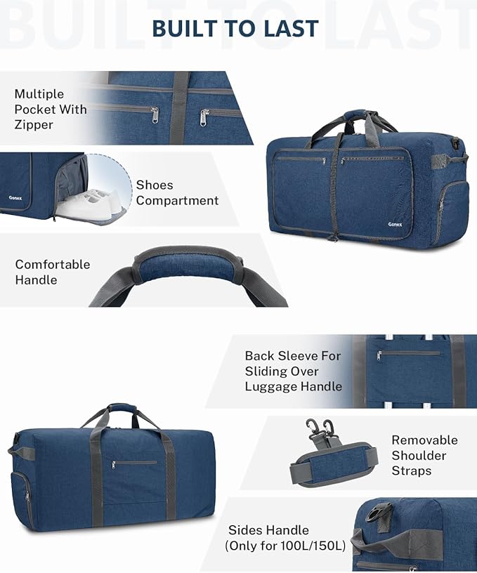 Gonex 40L 60L 80L 100L 150L Large Foldable Travel Duffle Bag with Shoes Compartment, Packable Lightweight Water Repellent Duffel Bag for Camping Gym Weekender Bag