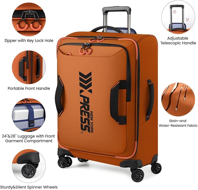 22" Luggage, Softside Suitcase w/Double Spinner Wheels, Waterproof,Lightweight Rolling Suitcases for Men/Women（Orange,22in）