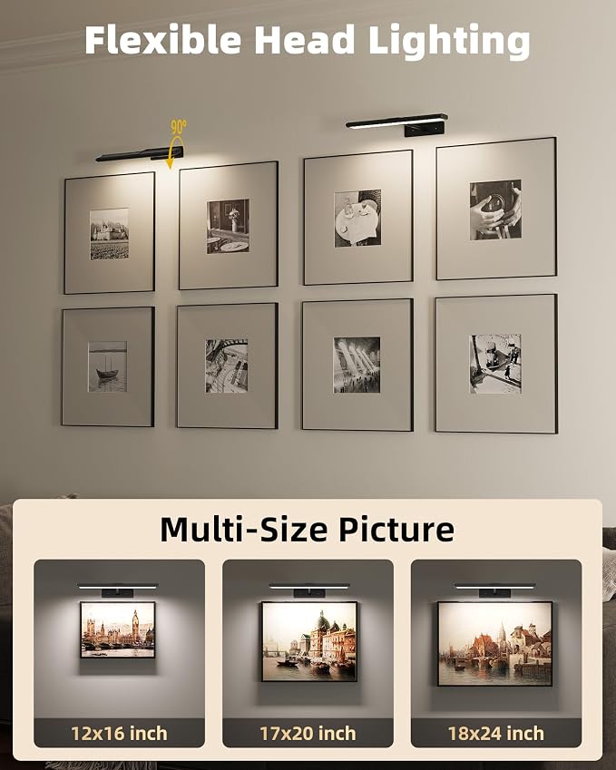 EZVALO Picture Light for Wall, 4800mAh 16'' Rechargeable Wireless IR Remote Built in Battery Lights for Painting, Dimmable Magnetic LED Art Display Light, Colors Temperatures, for Gallery, Living Room
