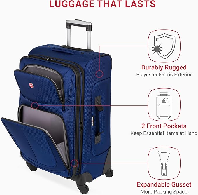 SWISSGEAR Sion Softside Expandable Spinner Luggage Durable Lightweight Travel Suitcase, Blue, Checked-Medium 25-Inch