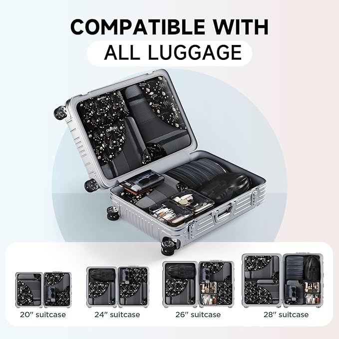 11 Set Packing Cubes for Travel, Gifts for Women Mom Kids, TSA Approved Bags for Makeup, Cosmetic, Toiletry, Suitcase Organizers for Checked Luggage,Cruise Essentials,Airplane Accessories,Black Floral