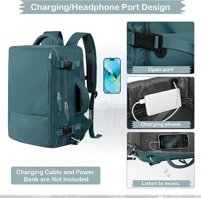 Hanples Personal Item Backpack,Travel Backpack for Women, 35L Carry on Backpack,17 Inch Laptop Backpack with USB Charging Port, Travel Essentials with 2 Toiletry Bags(Peacock Blue)