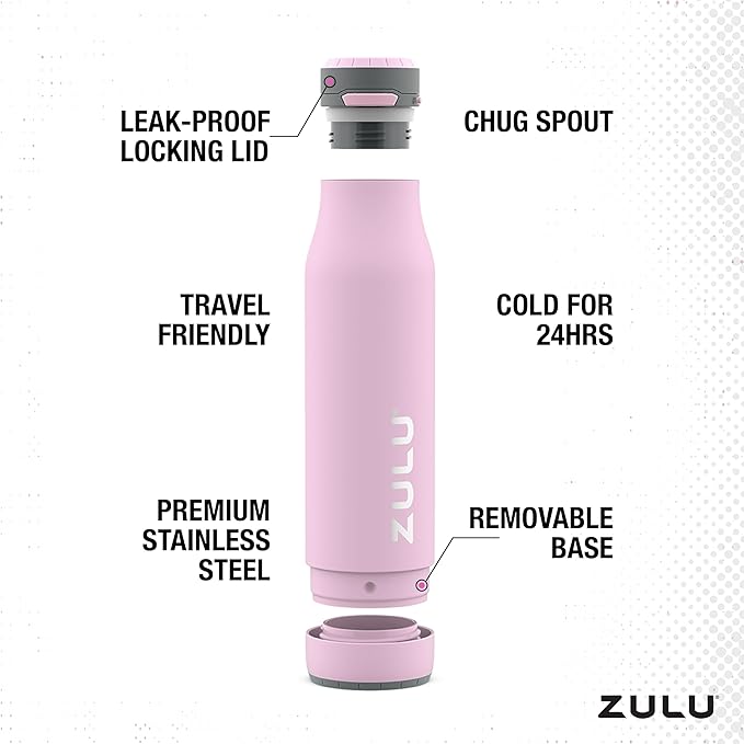 ZULU Ace Vacuum Insulated Stainless Steel Water Bottle with Chug Spout, Leak-Proof Locking Lid and Removable Base for School, Backpack, Sports, Gym, Travel