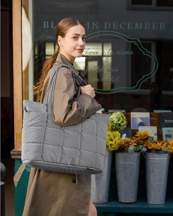 BAGSMART Expandable Tote Bag for Women, Puffer Work Tote Handbag, Quilted Carry On Bag for Travel Gym