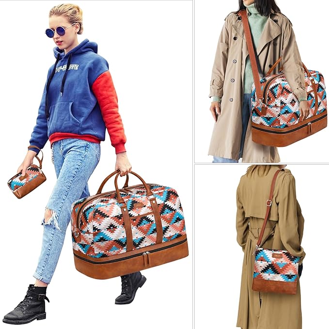 Weekender Bag for Women, Large Overnight Bag Canvas Travel Duffel Bag Carry On Tote with Shoe Compartment 21" 3Pcs Set