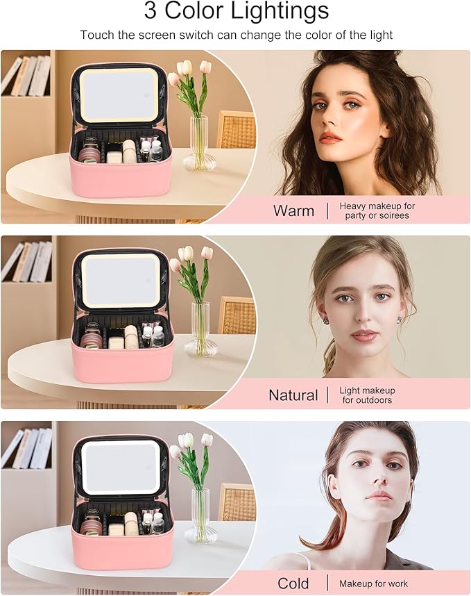 Makeup Bag With LED Mirror, Travel Makeup Bag With 3 Color Setting Light Up Mirror Cosmetic Makeup Organizer Vanity Case for Women Beauty Tools Accessories Rechargeable Makeup Travel Bag - Pink