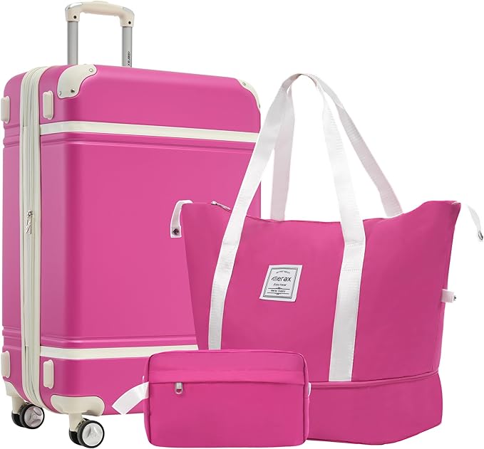Merax 24 Inch Checked Luggage, Expandable Suitcase with Spinner Wheels, Hard Shell Vintage Luggage Set with TSA Lock(Pink)