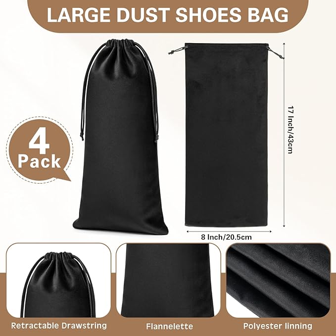 Amylove 4 Pcs Flannel Cloth Shoe Bags for Travel, 8 x 17 Inches Dust Pouch with Drawstring Closure, Washable Breathable Cotton Fabric for Luggage (Black)